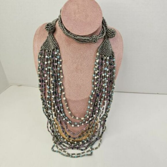 Necklace Costume Women Jewelry Multi Layered Gray Soft Colors Beaded - Picture 1 of 9